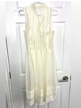 Vintage Club Monaco Elegant Semi-Sheer Cream Sleeveless Dress w/ Waist Tie